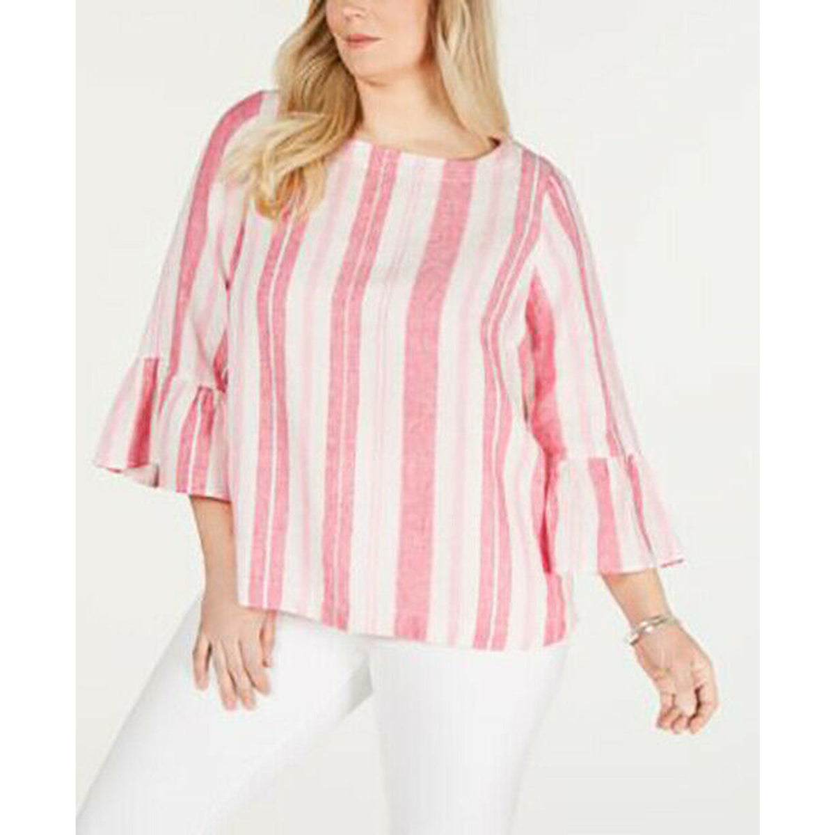 Charter Club  Linen Striped Top Bell Sleeves Pink Combo Plus OX/ large NEW
