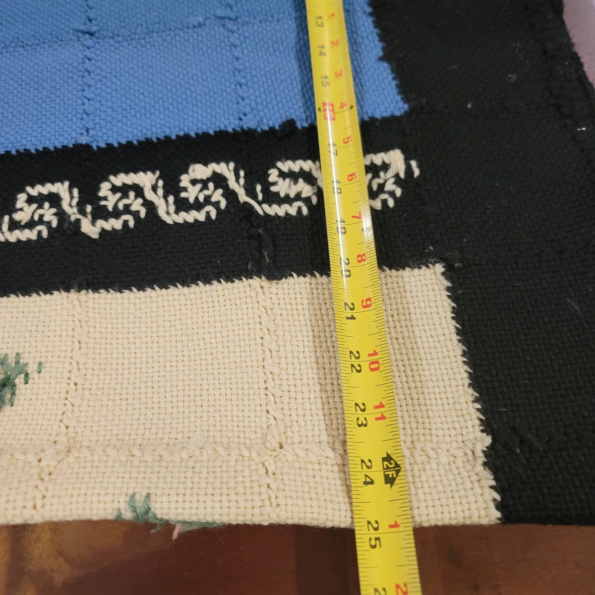 Handmade coverlet Needlework Floral Colorblock Blue Black Blanket Bedspread VTG