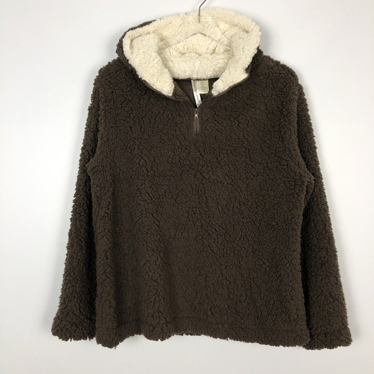 Forgotten Grace Faux Shearling Sherpa Pullover 1/4 Zip Hoodie Sz Large Brown NWT