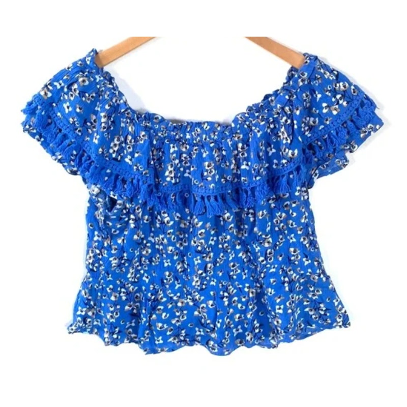 All In Favor Blue Floral size Large NEW Flutter Sleeve Off Shoulder Boho Top