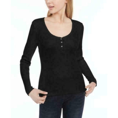 Ultra Flirt Ribbed Knit Henley Top Long Sleeve Black Button Size Medium