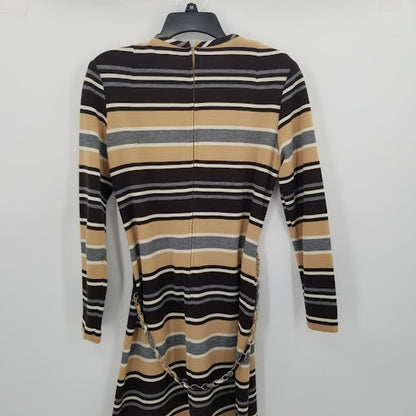 Vintage Brown Striped PolyBlend Long Sleeve Dress Chain Belt No Tags gogo MOD