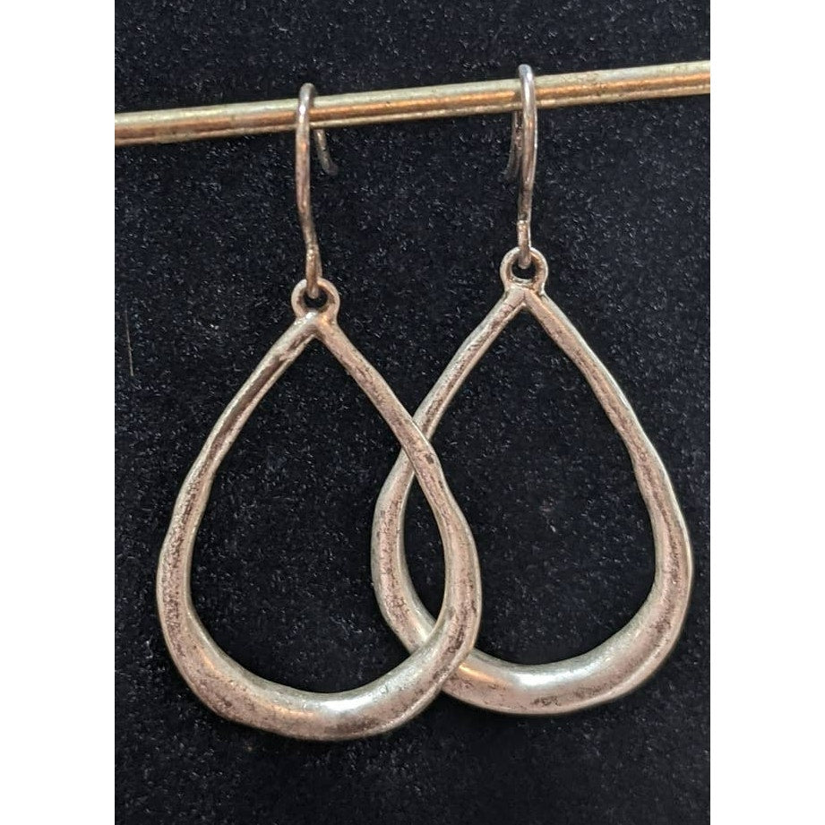Vintage Handmade Rough Silver Teardrop Hoop Dangle Drop Earrings Light Patina