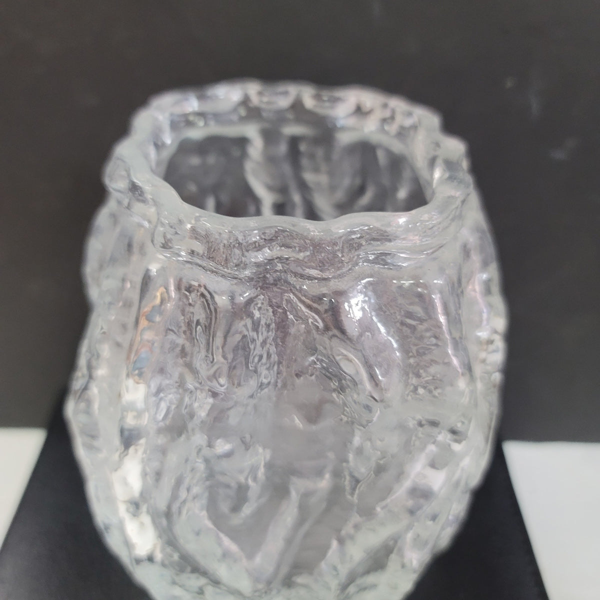 Vintage Ingrid Glashutte Ice block MCM vase 5.5" tall Clear Glass Bark Texture