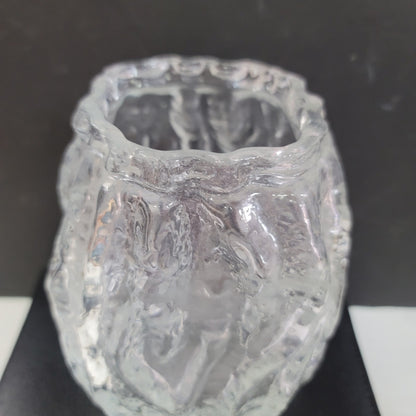 Vintage Ingrid Glashutte Ice block MCM vase 5.5" tall Clear Glass Bark Texture