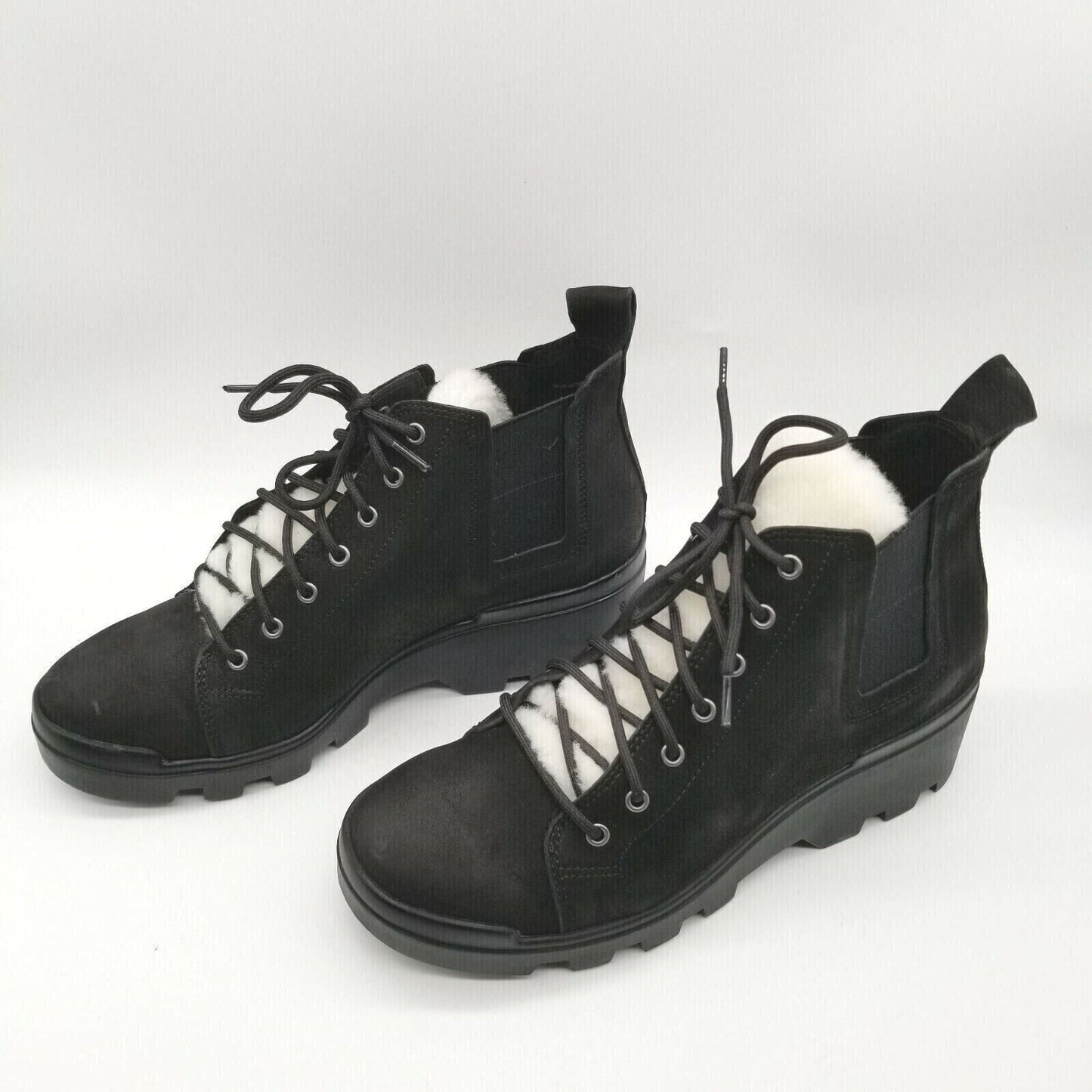 Eileen Fisher Calm Leather Shearling Lug Sole Combat Boots Size 7.5 Black New