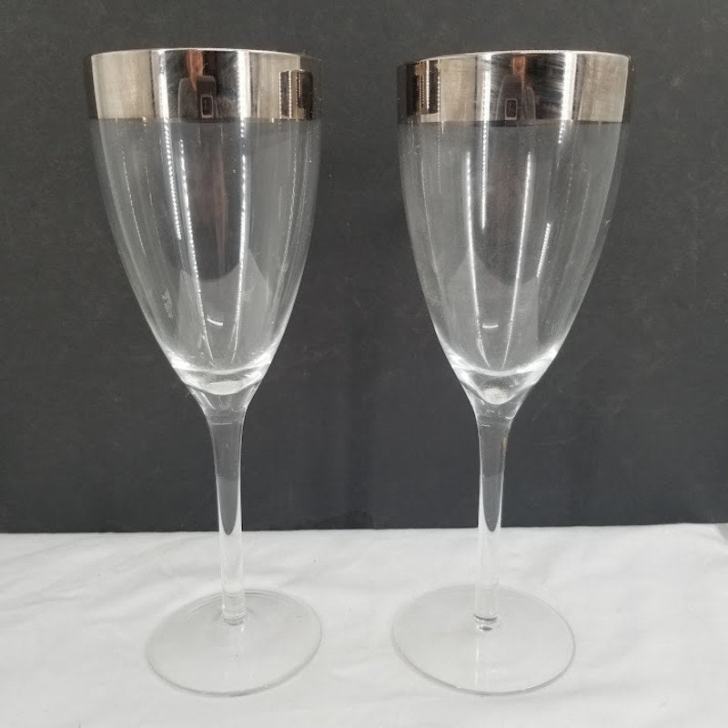Vintage MCM Pair Silver Rimmed footed stemware glasses White Wine