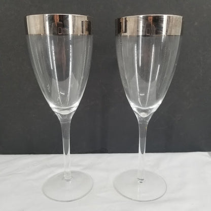 Vintage MCM Pair Silver Rimmed footed stemware glasses White Wine
