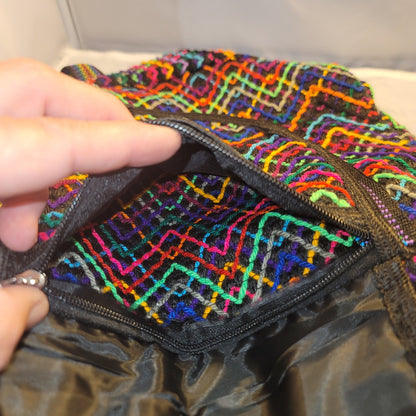 Artisan backpack Rainbow black embroidery bohemian double flap lined fabric NEW