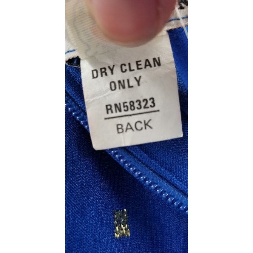 Vintage Nancy Bracoloni Size 14 Blue Gold Cocktail Dress Long Sleeve Sash Detail