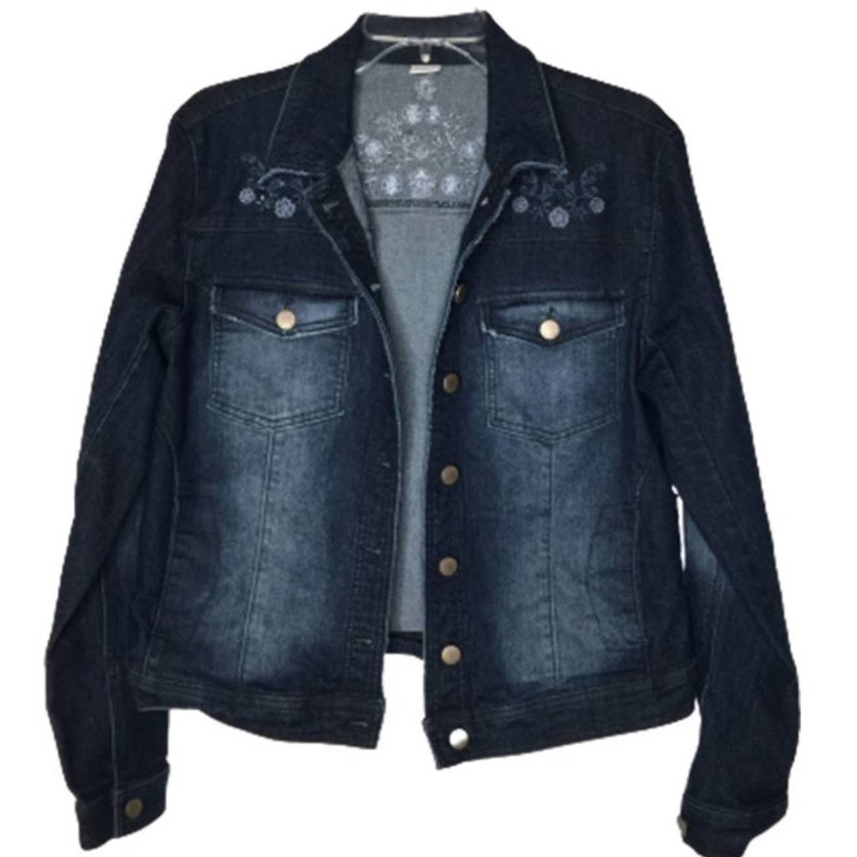 Tinsel Town Couture Jean Jacket Long Sleeve Front Button Embroidered Blue Large