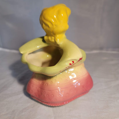 Vintage Ceramic Little Girl Planter Pink Yellow Ruffled Dress Vase 6"