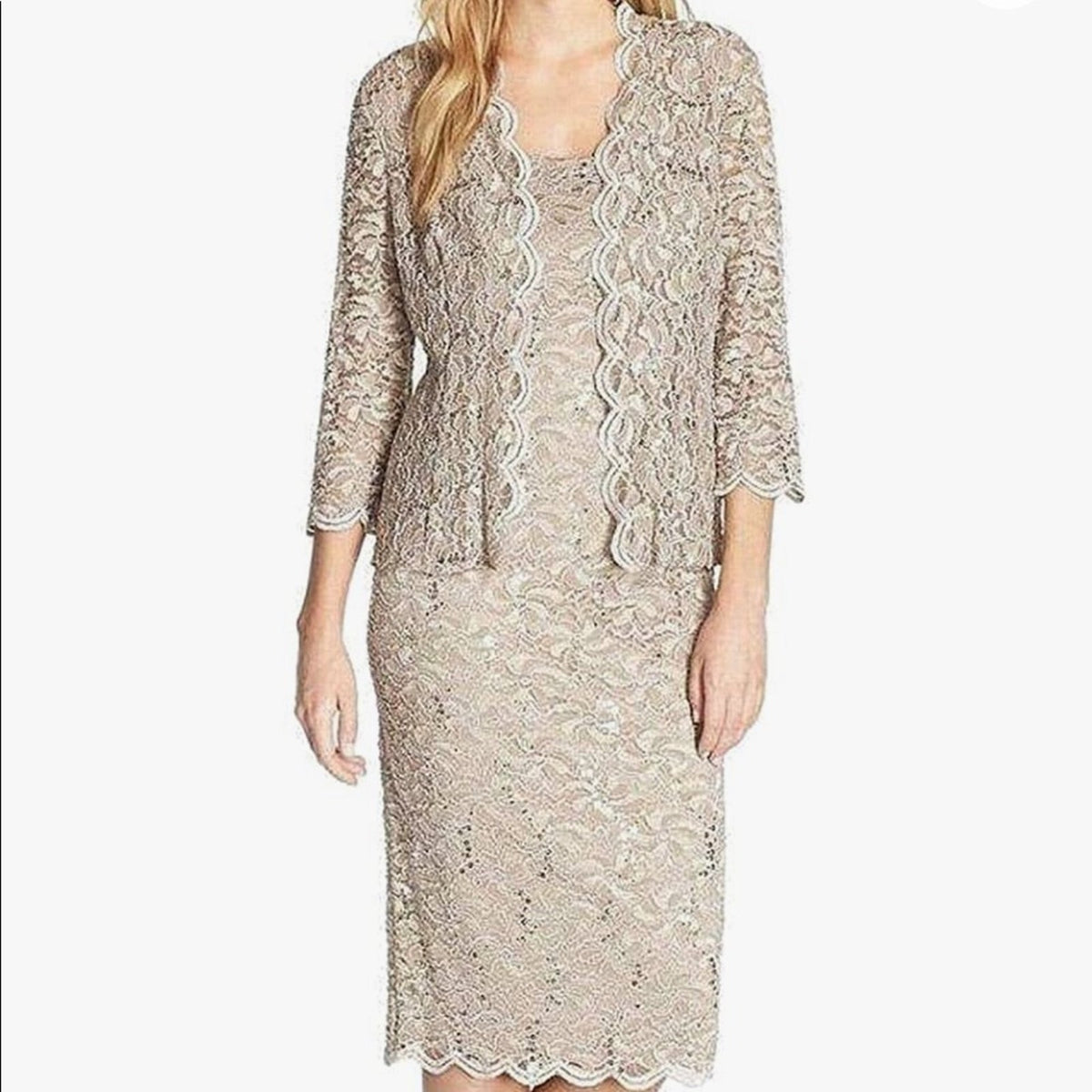 Alex Evenings Gold Lace Sequin Tea Length Dress Size 16W formal wedding NEW