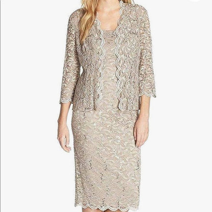 Alex Evenings Gold Lace Sequin Tea Length Dress Size 16W formal wedding NEW