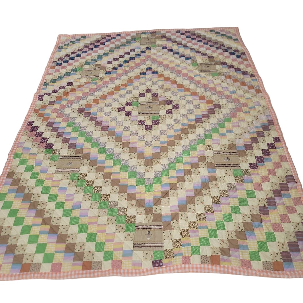 Handmade Postage Stamp Quilt Brown Green Tiny Square Queen/Full Gingham Back
