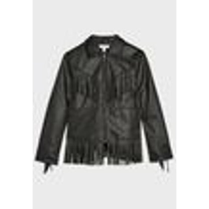 Topshop NWT Fringe Trim Faux Leather Jacket Black Size 4 US Moto Coat X-Small