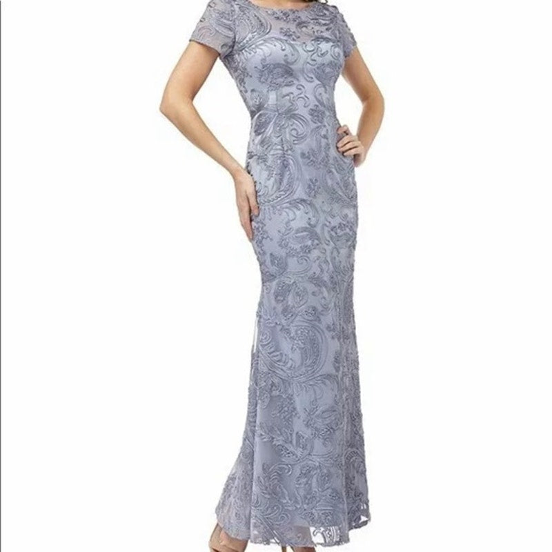 Js Collections Blue Gray Size 4 Formal Dress short sleeve Embroidery Overlay