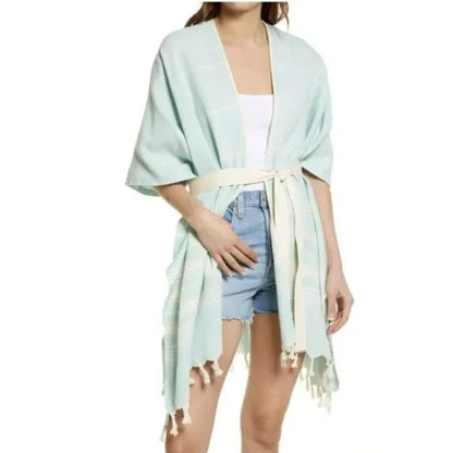 Sole Society Cover-Up Pastel Green ONE SIZE Poncho Shawl Fringe Boho Wrap Cotton