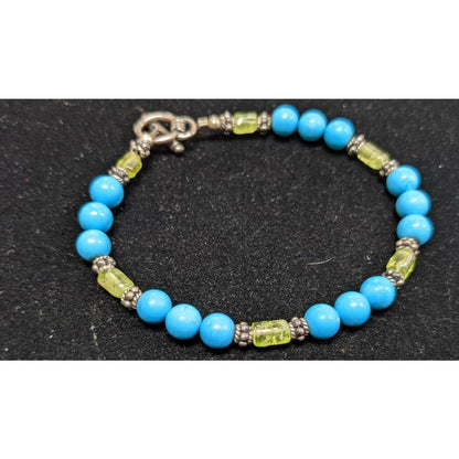 Vintage Handmade Turquoise Beaded Bracelet Green Glass Brass Accents 7.5 Inch