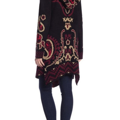 Vertigo Draped Front Hooded Sweater BOHO FESTIVAL Split Sides Paisley Small NEW