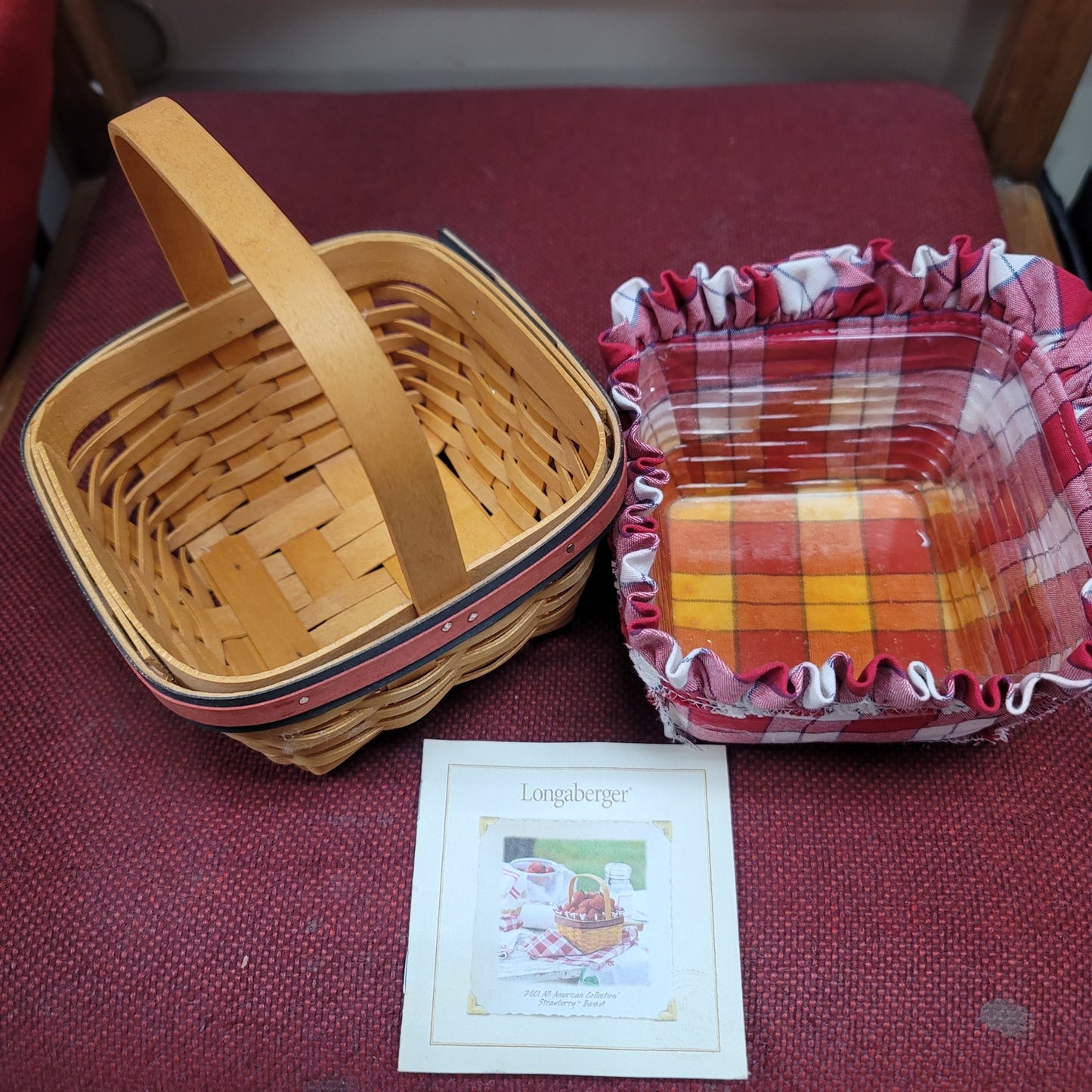 Longaberger basket small red green plaid insert Berry picker Handwoven 2001 Ohio