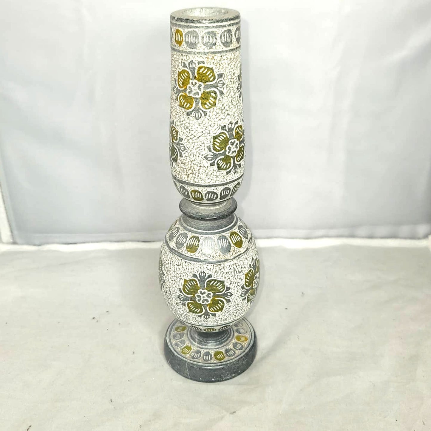 Etched taper Marble candlestick candle holder gray floral geometric heavy 9"