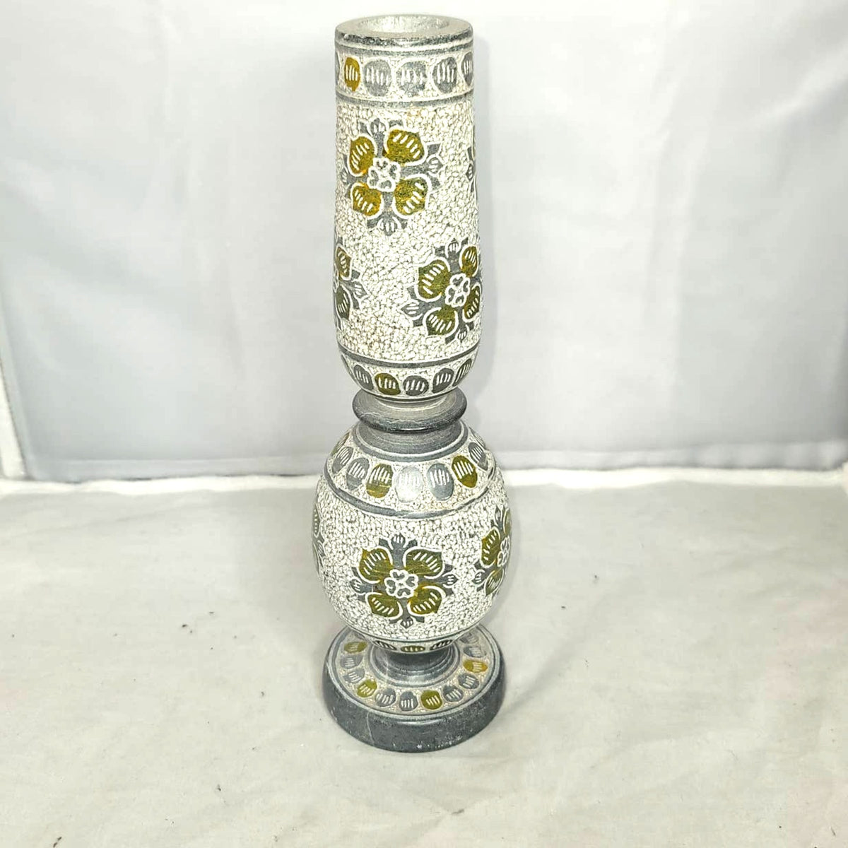 Etched taper Marble candlestick candle holder gray floral geometric heavy 9"