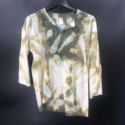 Vintage Tie Dye Sequin Embroidered Long Sleeve Tunic Top Green White Boho MEDIUM