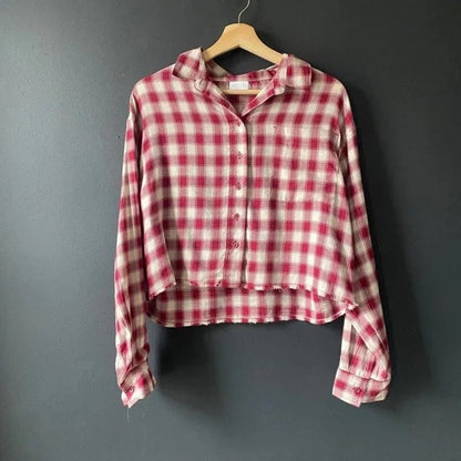 ABOUND Red & White Tibetan Dobby Plaid size Medium NEW Raw Fringe Hem Crop Top