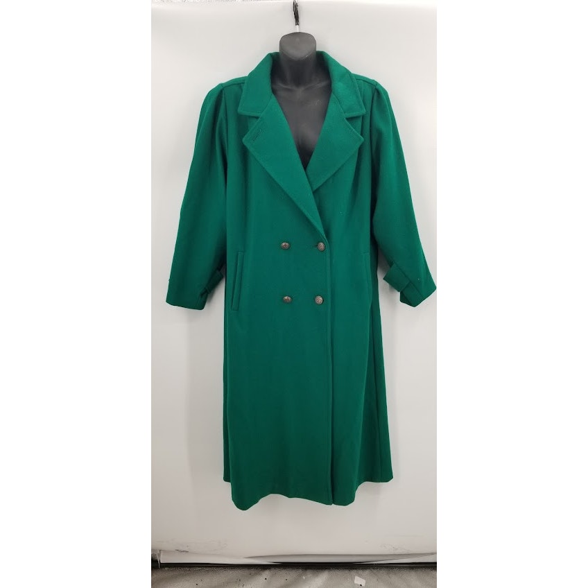Vintage Jofeld Green Wool Trench Coat Jacket Pock Brass Button Long Sleeve L/XL