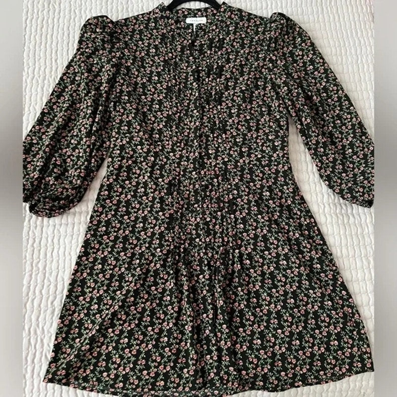 TOPSHOP Tiny Front Pleats Long Sleeve Mini Dress Sz 12 in Black Floral Multi NWT