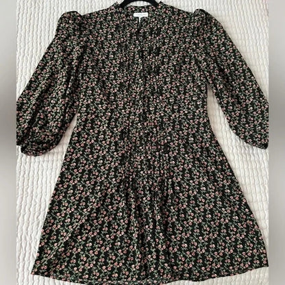 TOPSHOP Tiny Front Pleats Long Sleeve Mini Dress Sz 12 in Black Floral Multi NWT
