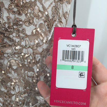 Vince Camuto Sequin Off The Shoulder Sheath Cocktail Dress Back Zip Sand Size 8