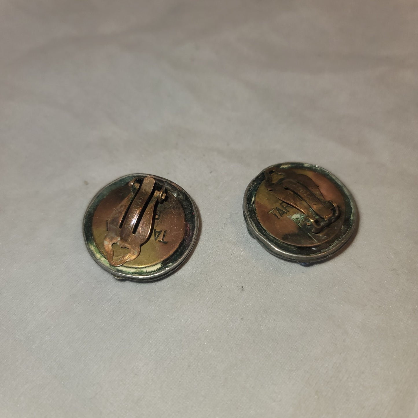 Vintage Taratata Silver Round Enamelware Raised Blue Star Paris clipon earrings