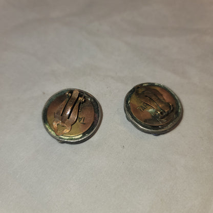 Vintage Taratata Silver Round Enamelware Raised Blue Star Paris clipon earrings