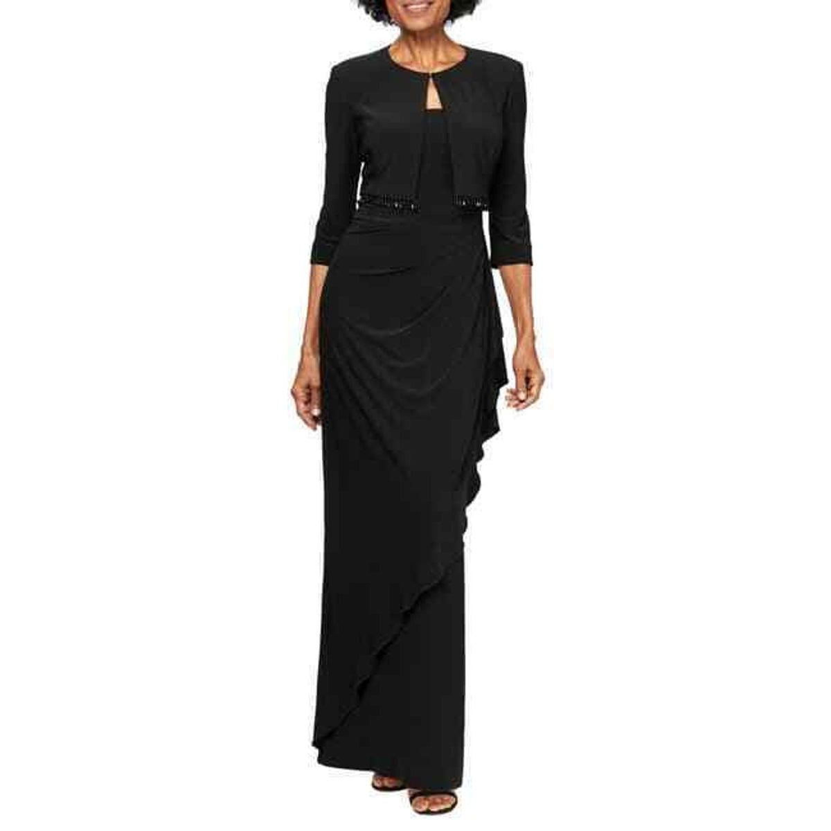 ALEX EVENINGS Ruched Gown with Bolero Sleeveless Scooped Neck Black Size 14P