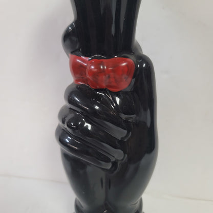 Vintage fluted black hand red bowtie tall vase Ceramic 9" tall