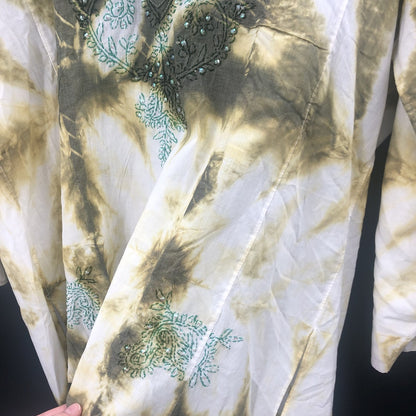 Vintage Tie Dye Sequin Embroidered Long Sleeve Tunic Top Green White Boho MEDIUM