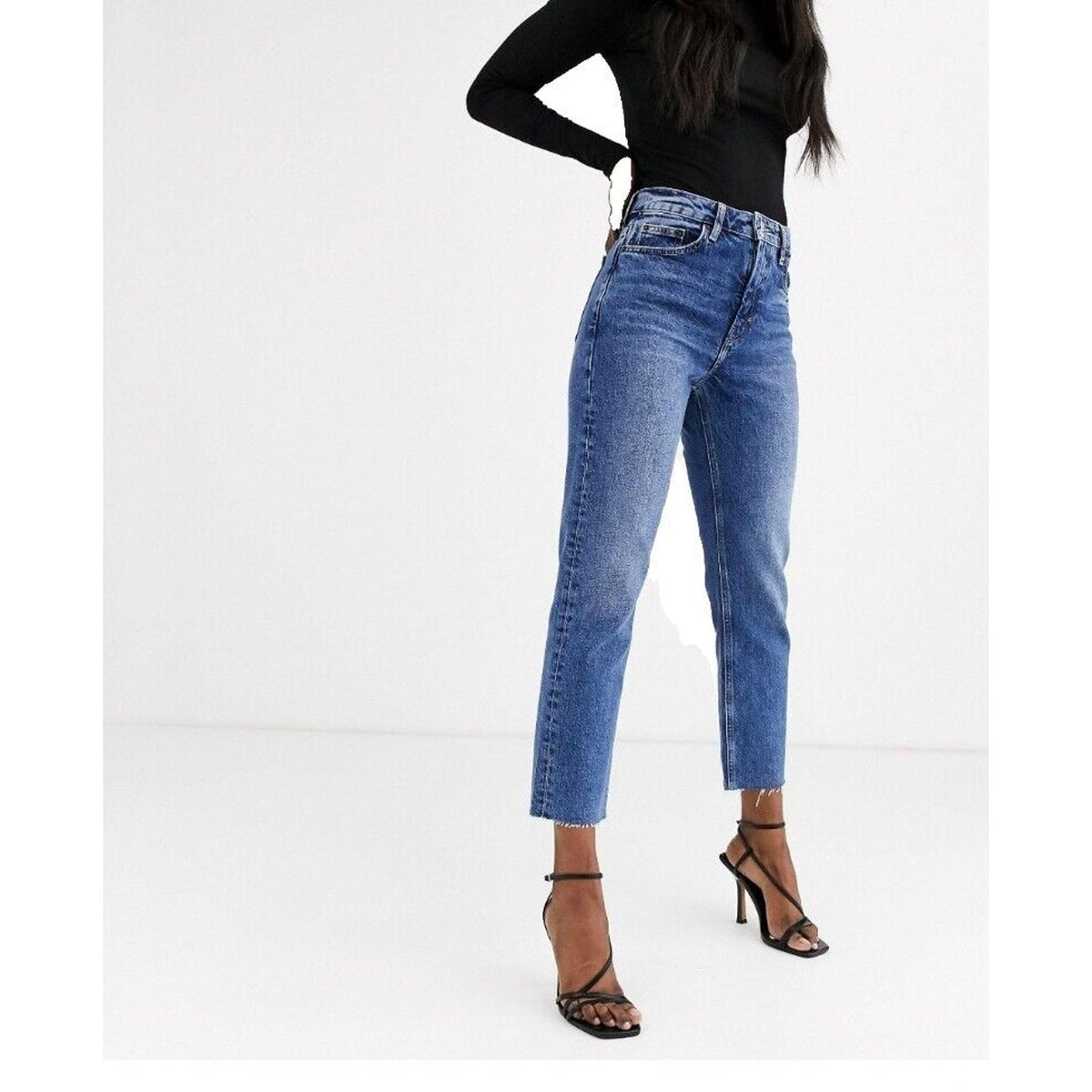 Topshop US 10 Petite Size 32 28 Length DARK Straight Leg Jeans Raw Hem Wash nEW
