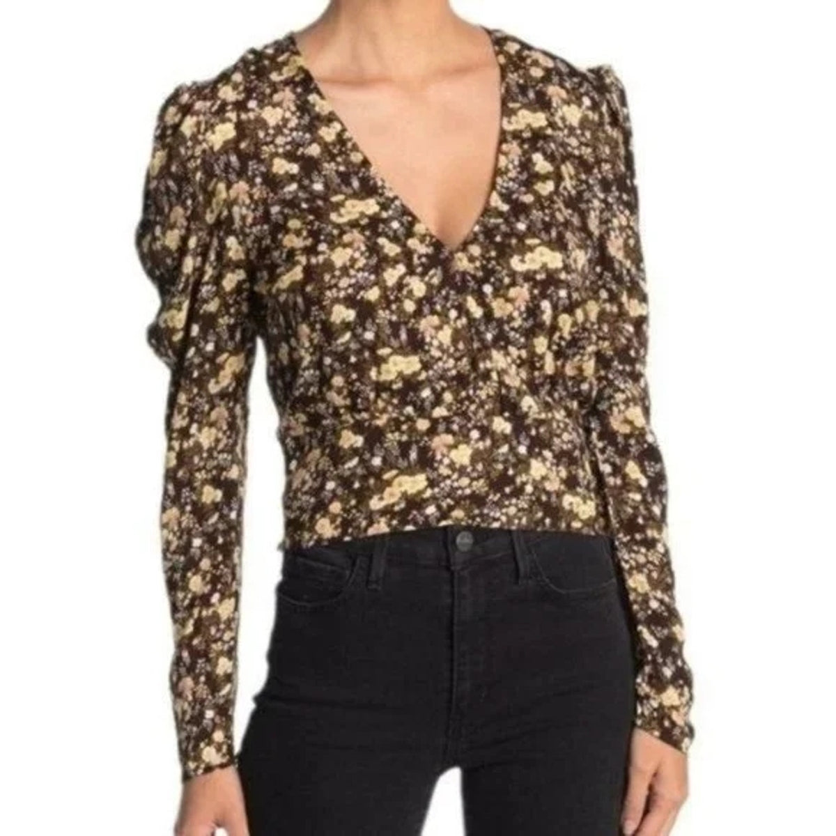 AFRM Women's Wrap-Front Top Fall Bouquet Floral Extra Small/XS NEW V-Neck Puff