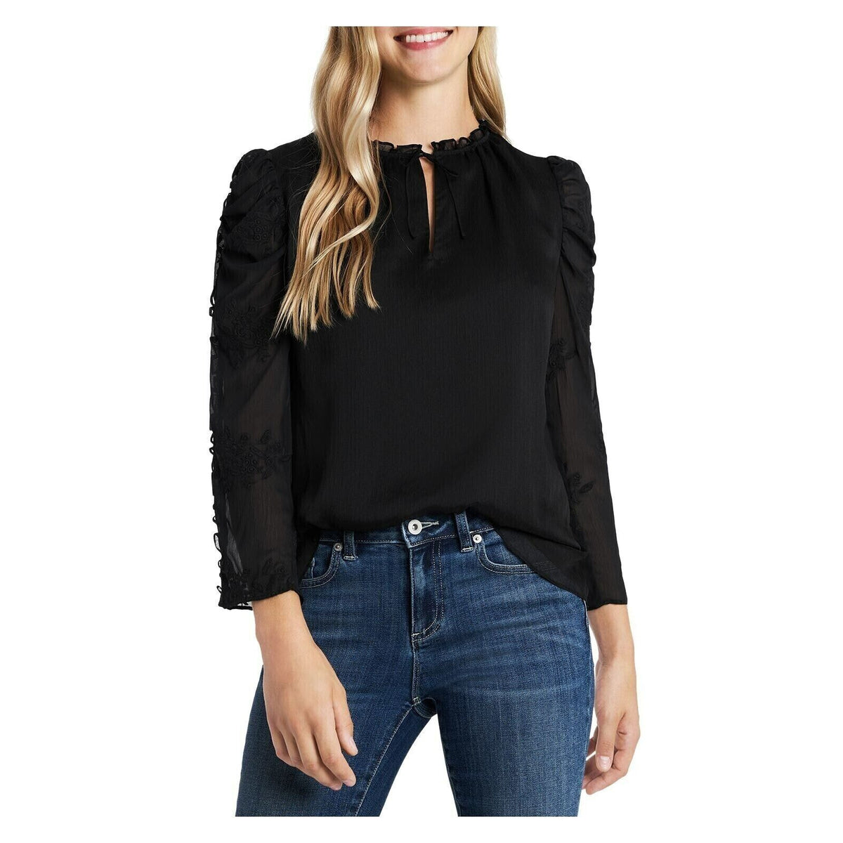 CECE Ruffled Sheer Lined Pullover Tie 3/4 Sleeve Blouse Small Black NWT Top