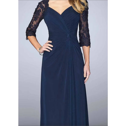La Femme  Navy Ruched V-Neck Column Dress Gown Size 6 Formal 3/4 Sleeve Wedding
