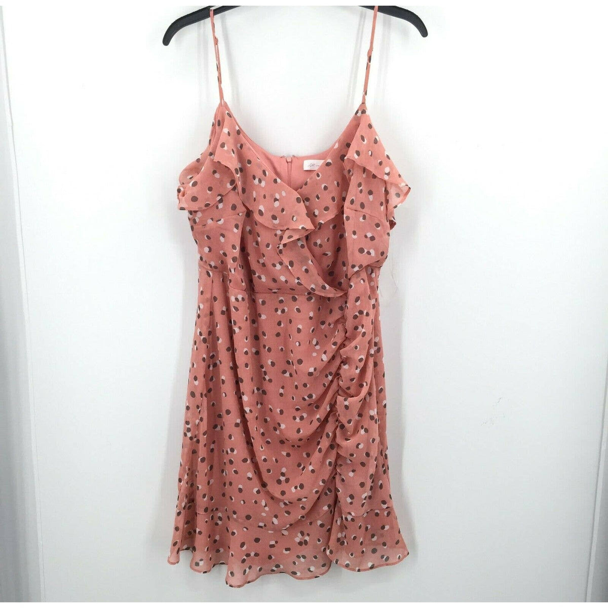 All in Favor Ruched Tank Mini dress Sweetheart Neck Polka Dot Pink Large NEW