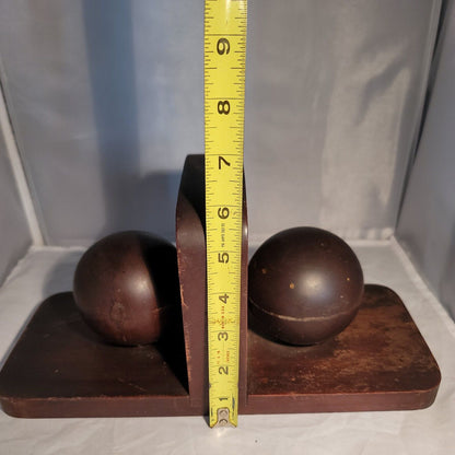 Vintage Pair Carved Wood Sphere Balls Orb BookEnds Walnut checkerboard Inlay MCM