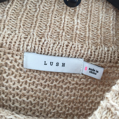 Lush Mock Neck Pullover Knit Sweater Puff Shoulder Sleeves Taupe Size Small