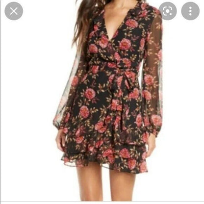 Bardot Women’s Faux Wrap Triple Ruffle Frill Mini Dress 4 / XS Black Floral NWT