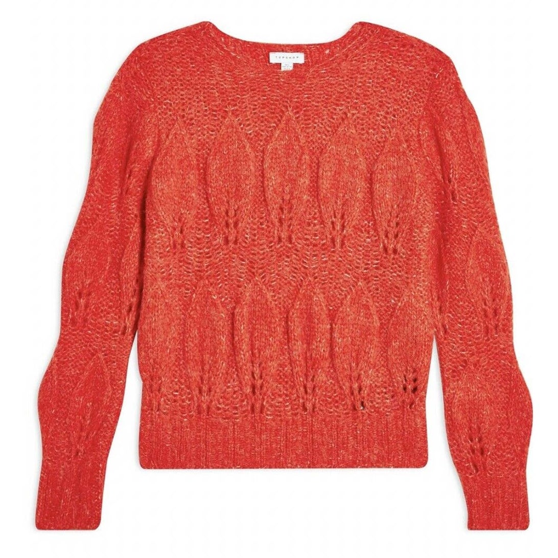 Topshop Womens 4/6 Orange Crop Chunky Cable Long Sleeve Fuzzy Sweater NEW