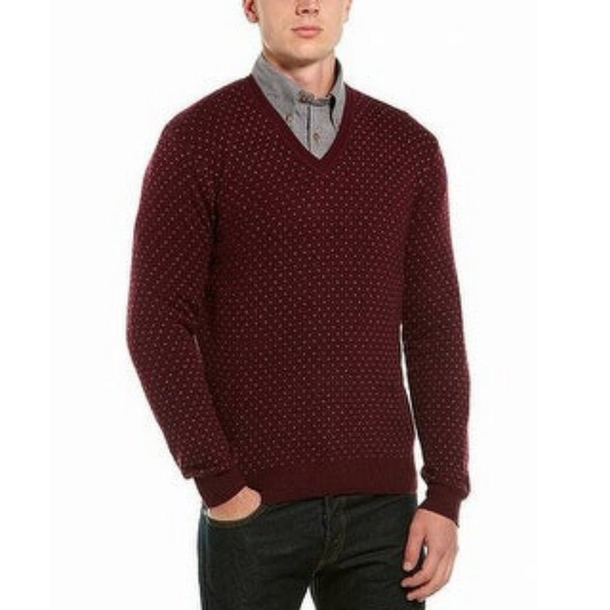 Brooks Brothers Wool Dot Knit Sweater Long Sleeves V-Neck Burgundy Red Small