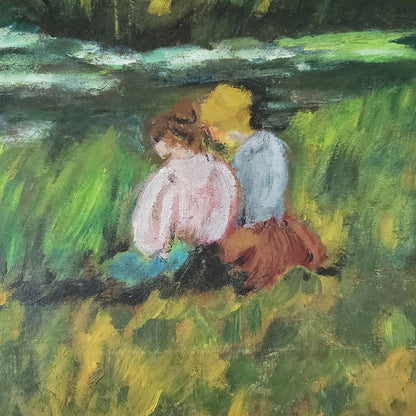 Vintage Oil Painting on board 2 women landscape Couple Sit Green Forest Scene