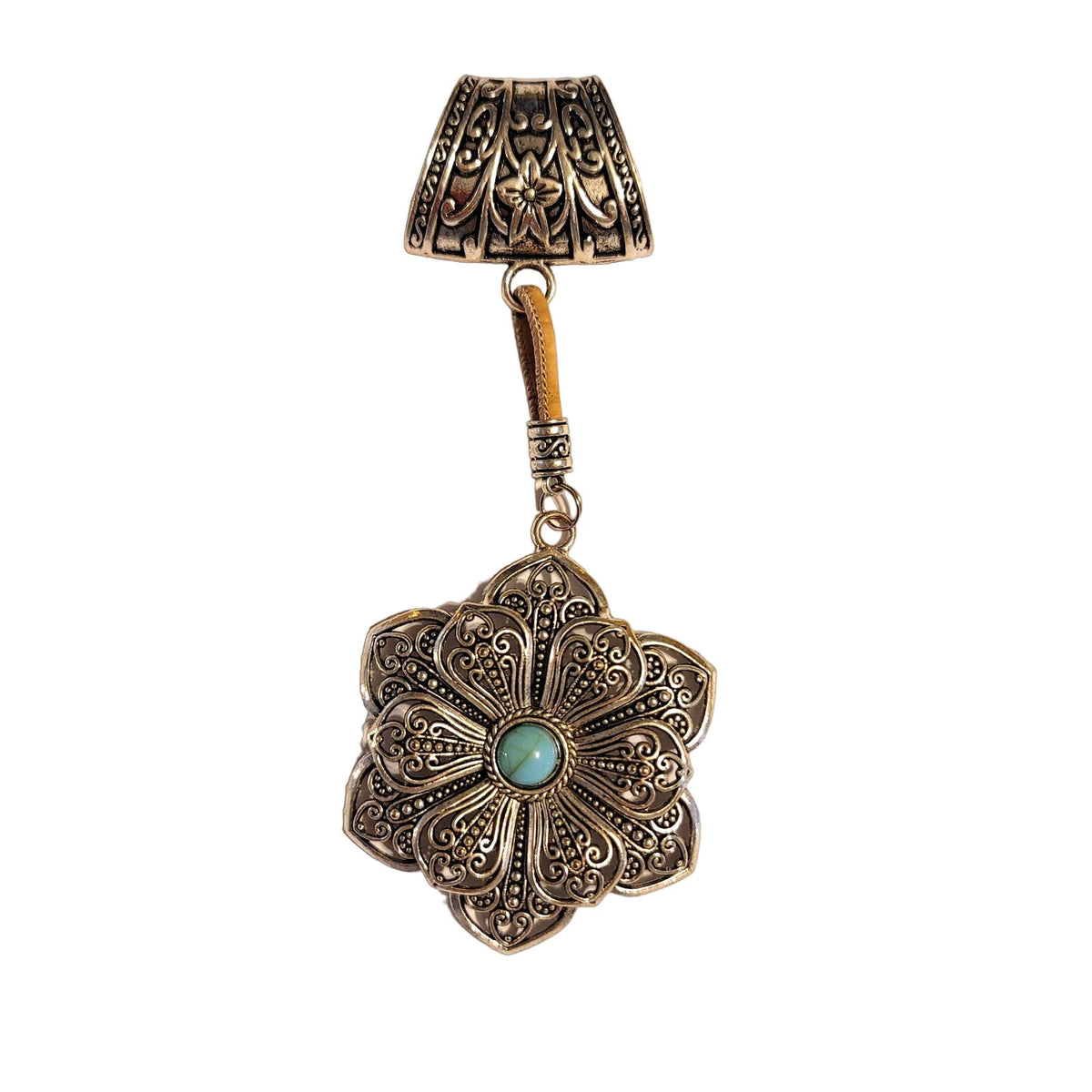 NEW silvertone Black Aged Filigree Metal Scarf Purse Slide Cork Rope FLOWER